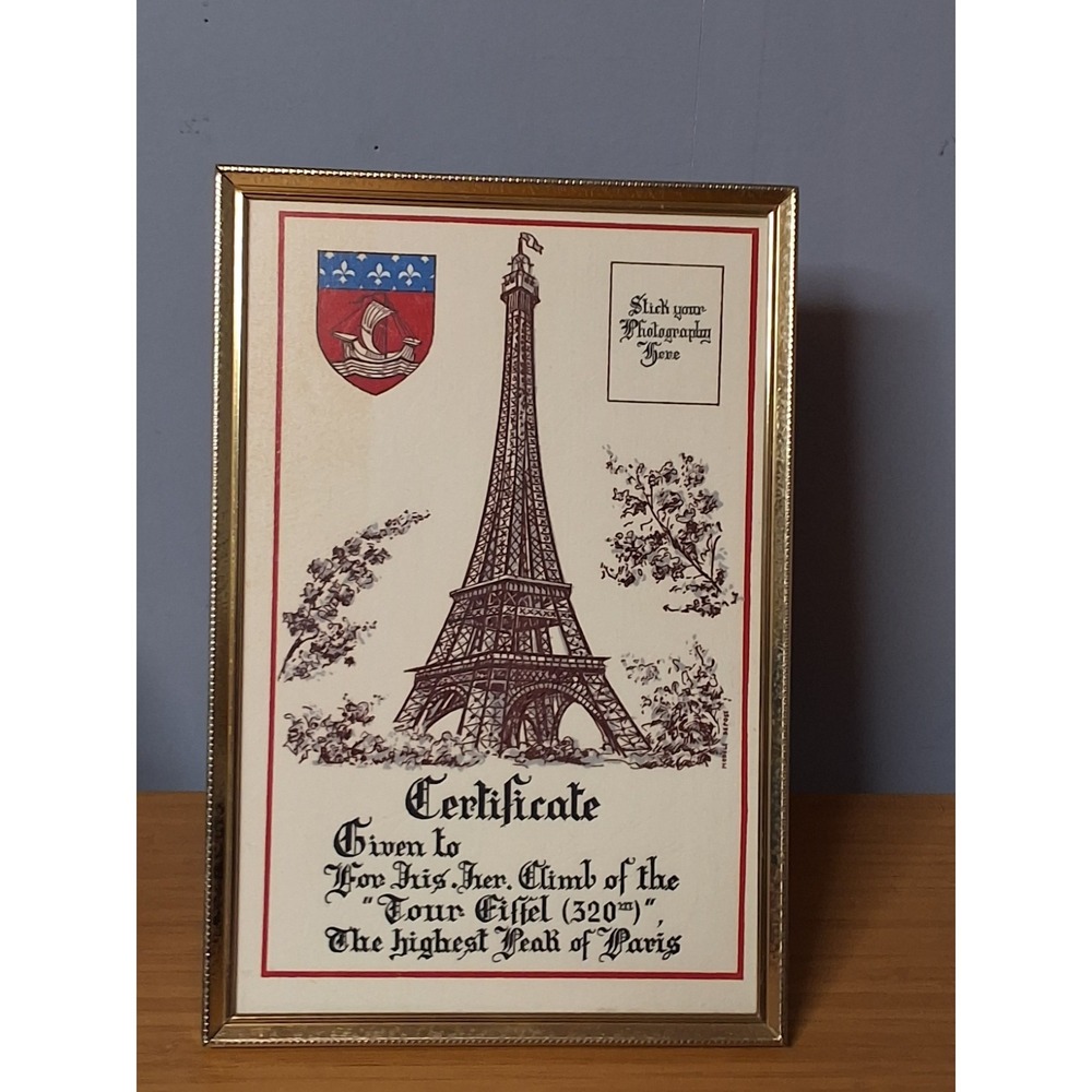Vintage 8x10 Framed Paris Eiffel Tower Souvenir Certificate.
